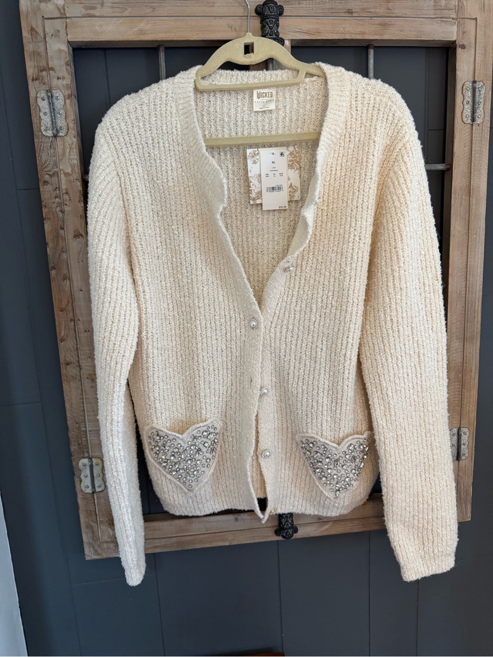 Cream Embellished Heart-Pocket Cardigan Sweater